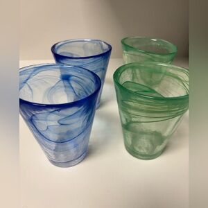 Kosta Boda Mine Swirl Tumblers Set of 4 – 2 Blue, 2 Green Scandinavian Art Glass